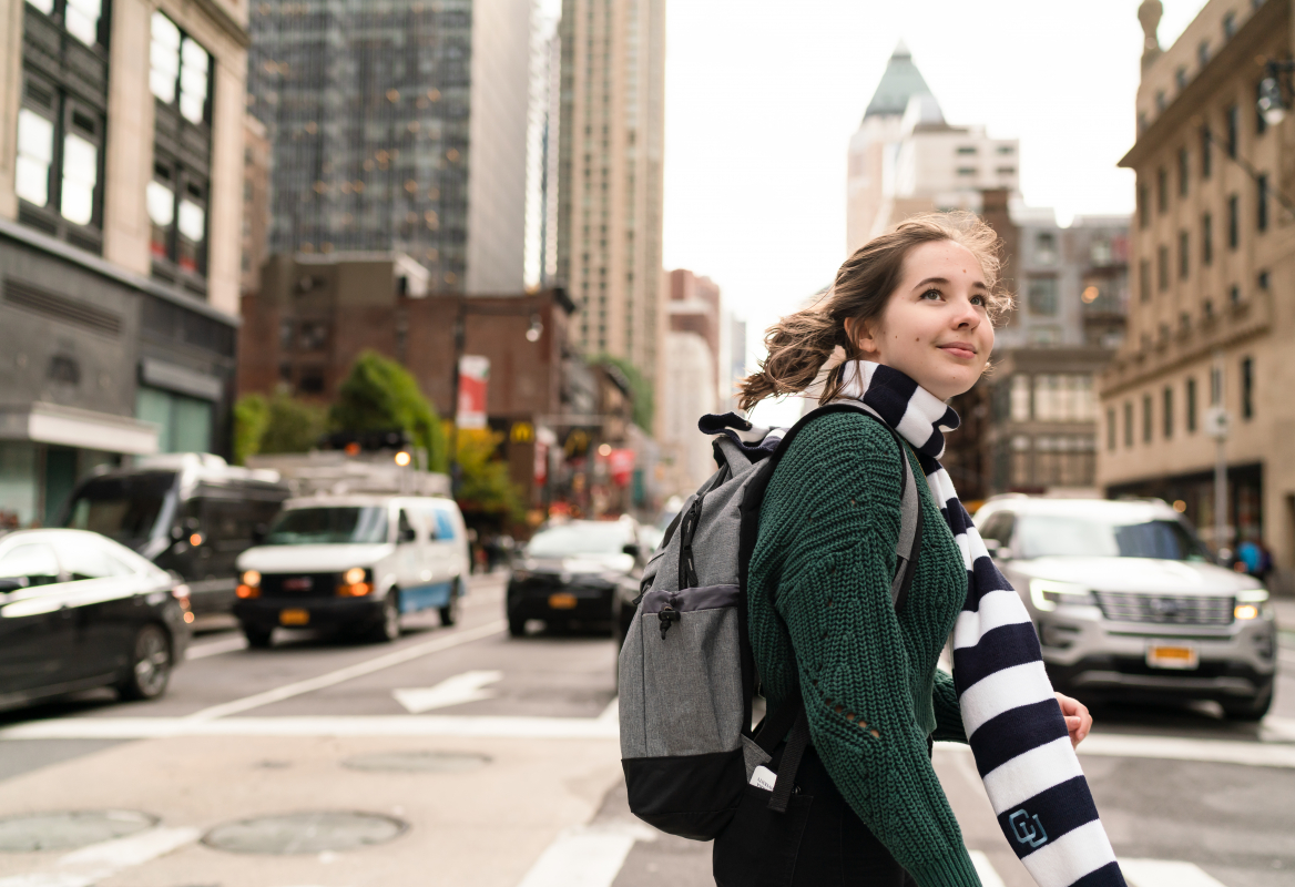 Student crossing a New York City street