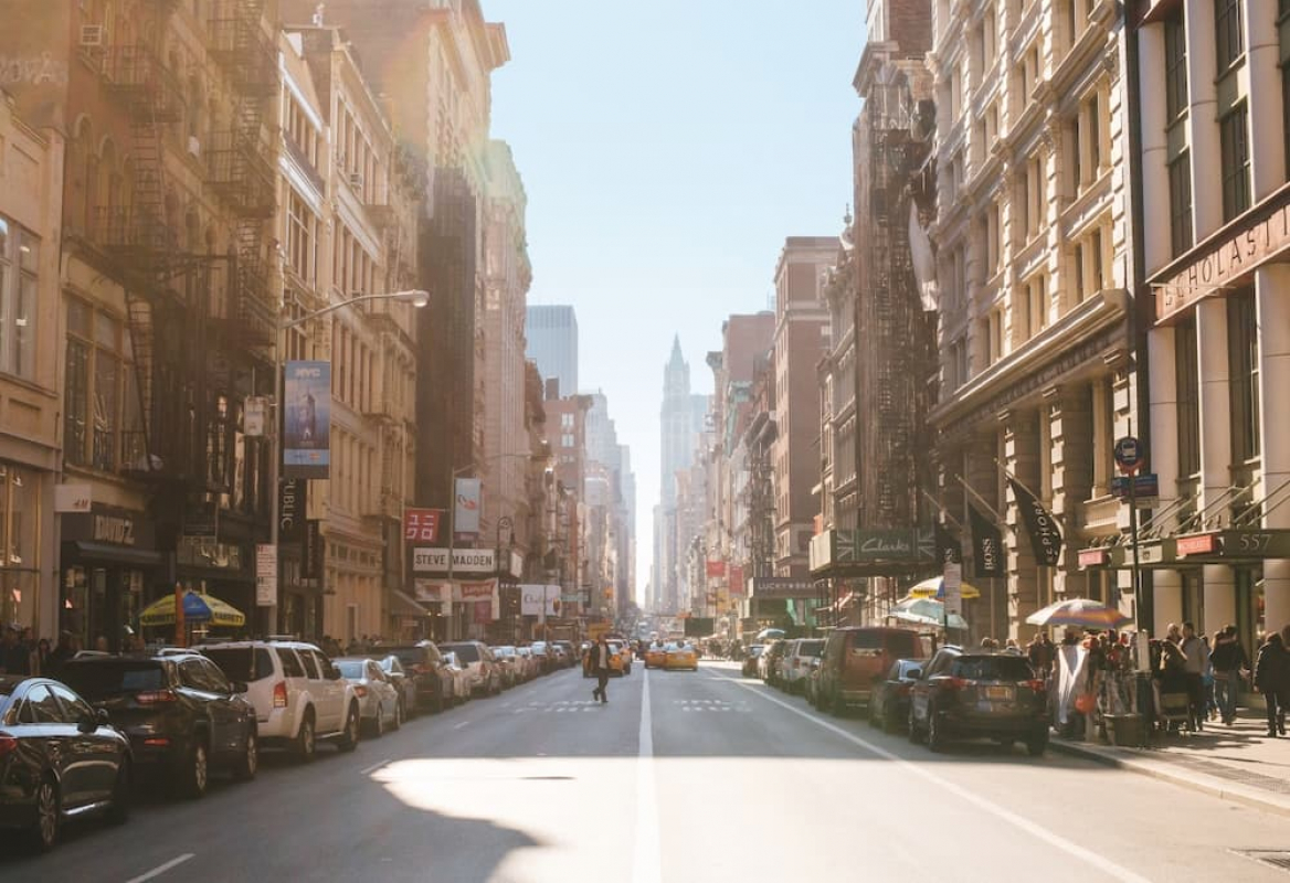 the cityscape of a New York City street