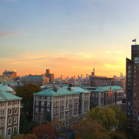 Aerial view of Columbia's campus at sunset