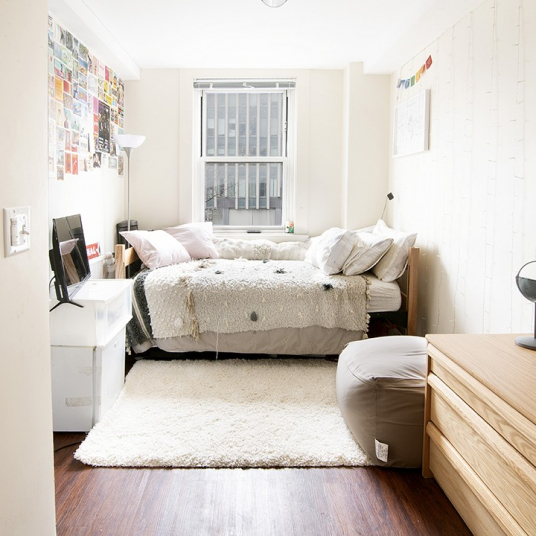 Inside of a single occupancy dorm room in Wien Hall