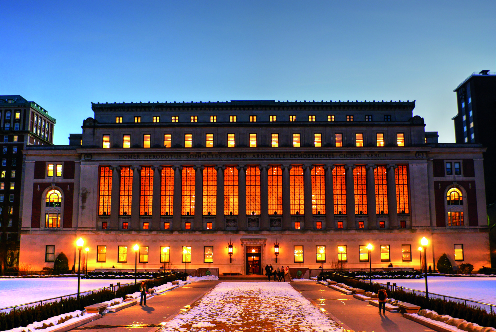 Butler library illuminated at night