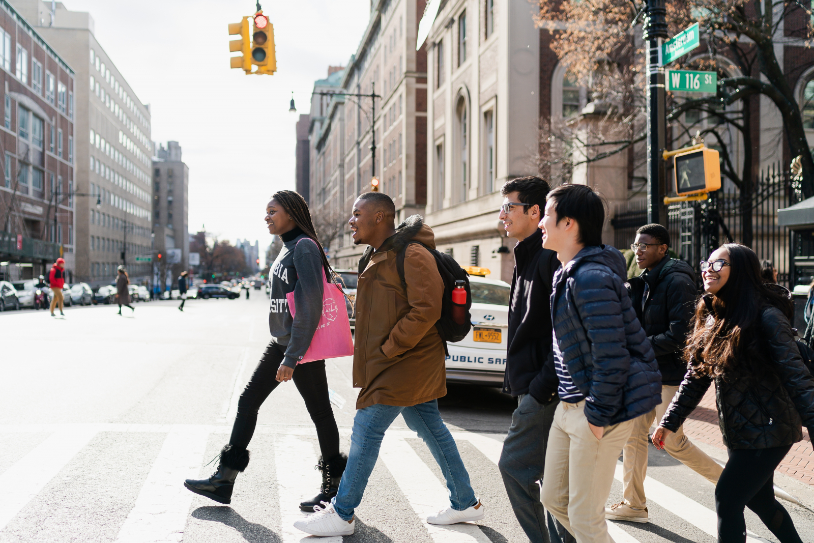 students walking across street