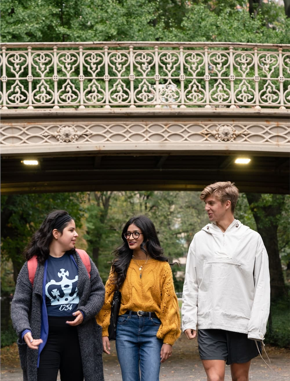 Three students walking in a park