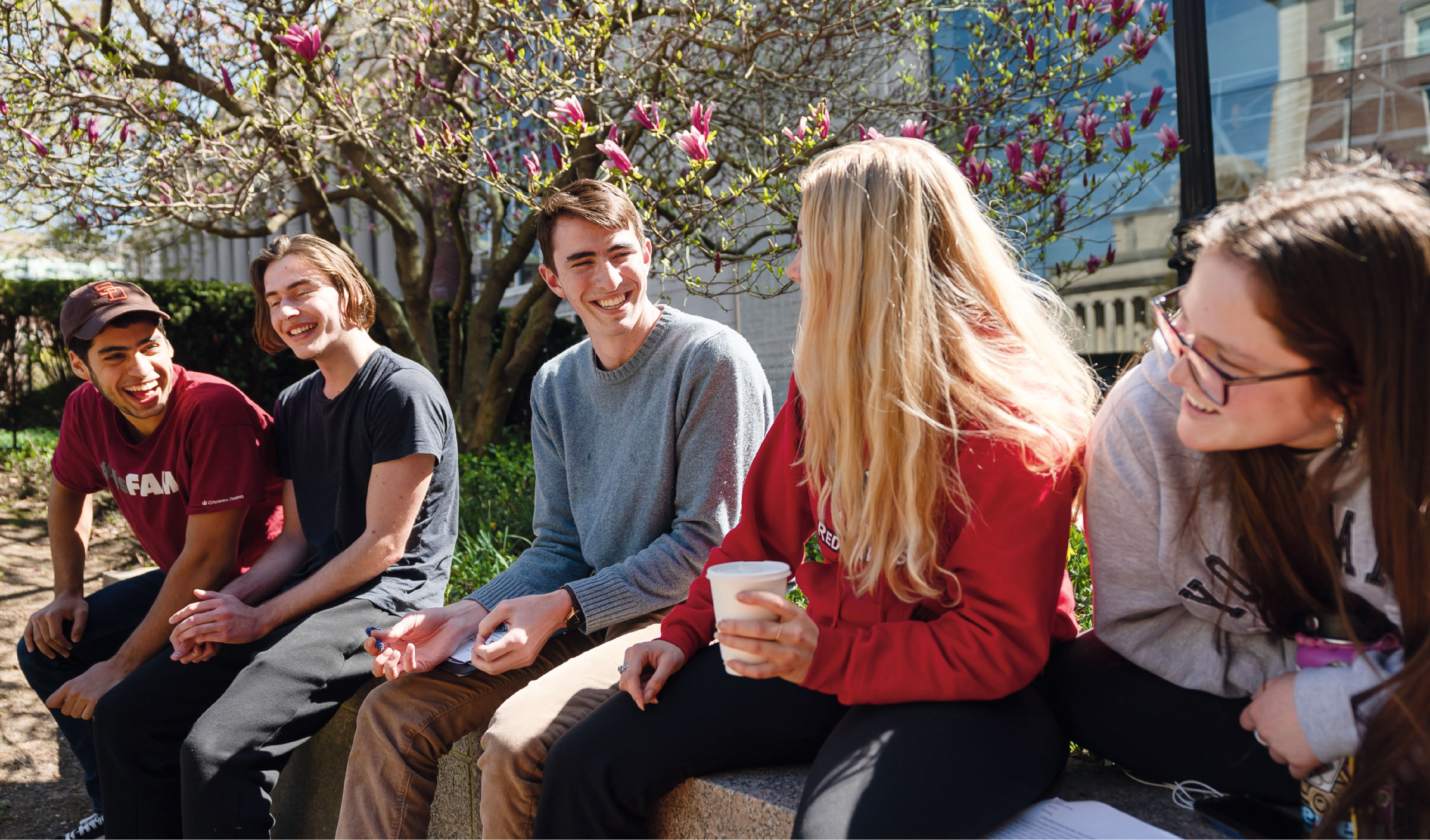 five students sitting on wall outside and laughing