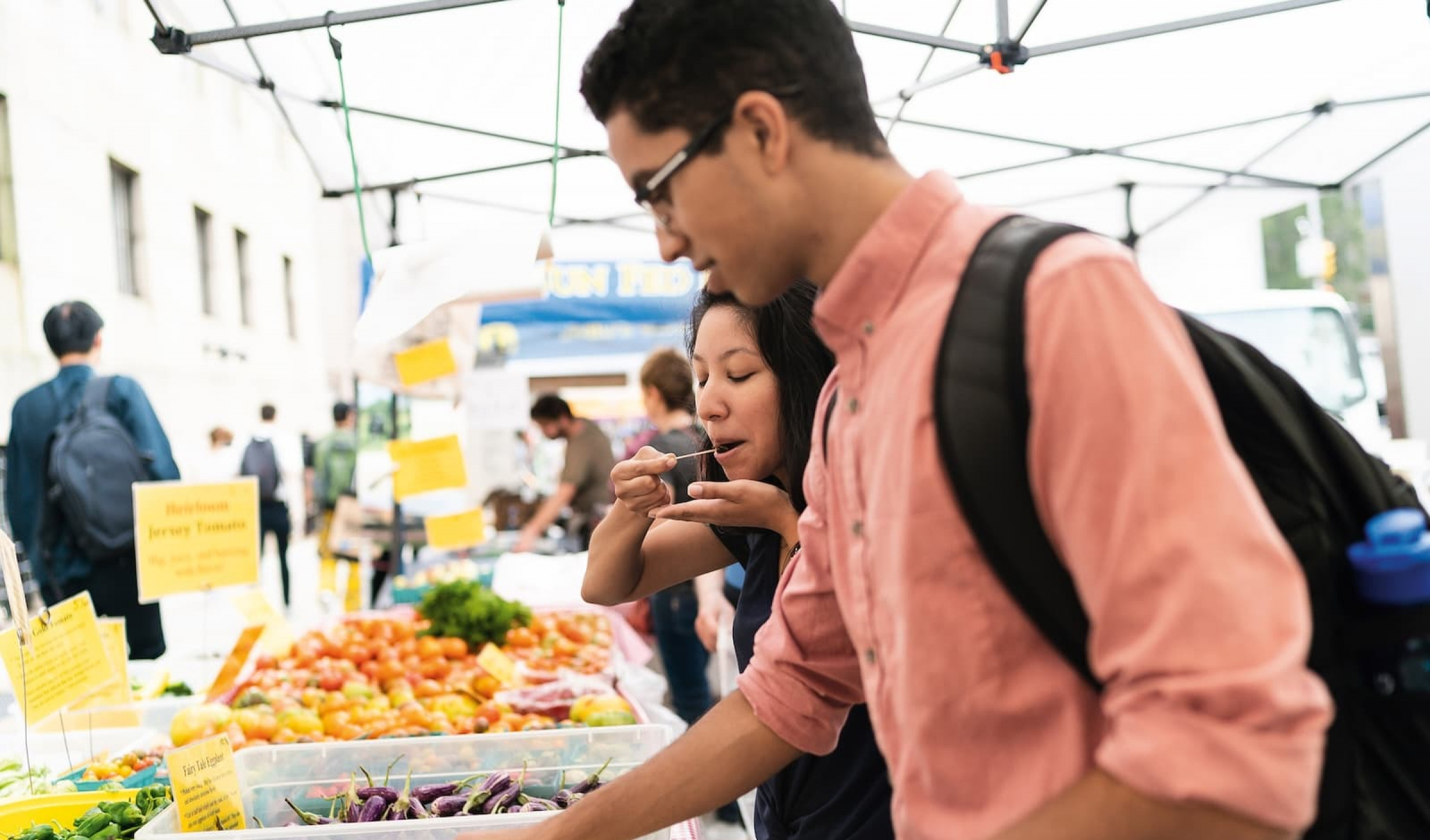 Students at an outdoor market