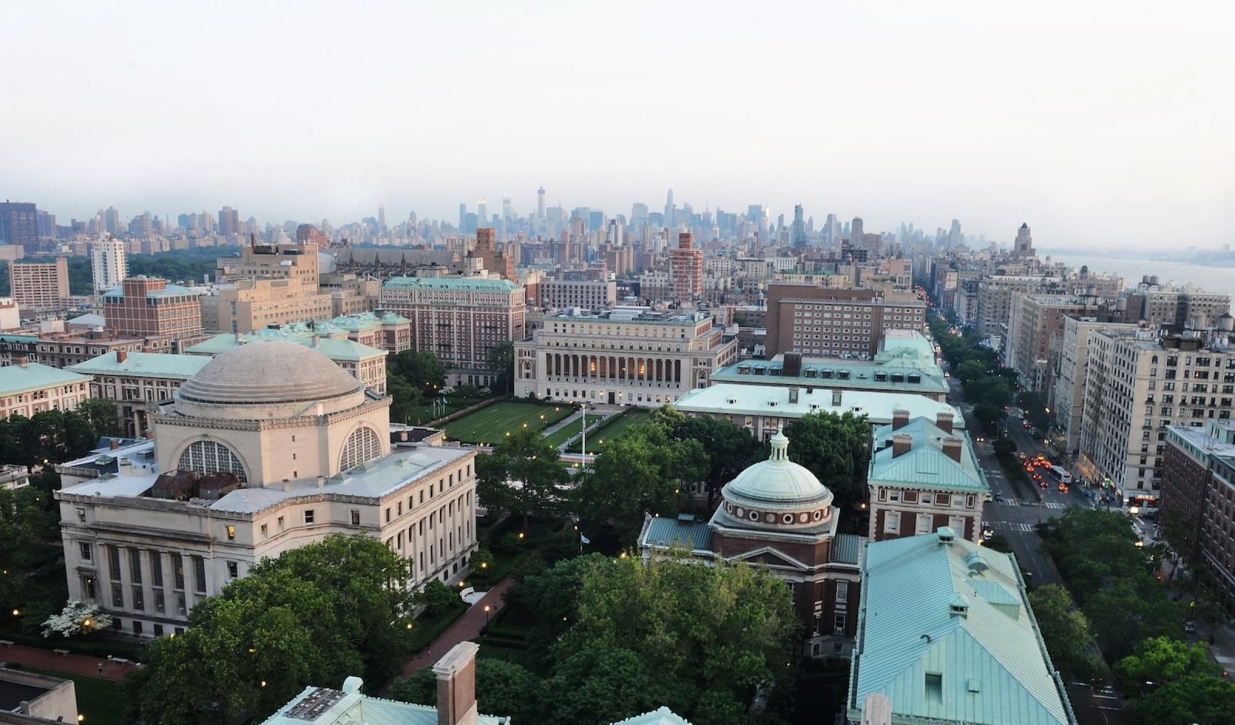 Aerial view of Columbia's campus with Midtown in the distance