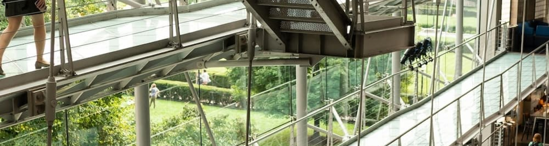 Students walking down the glass ramps in Lerner Hall