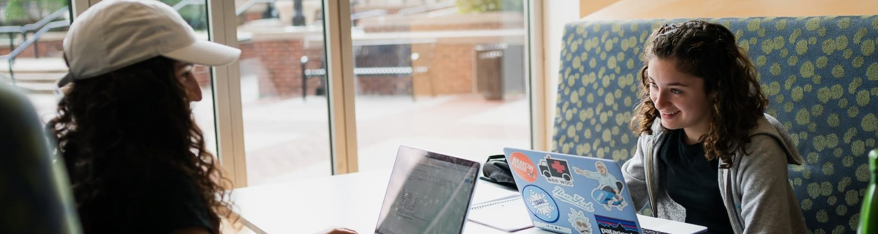 Two students sitting at a table studying on their laptops, there is a glass window in the background.