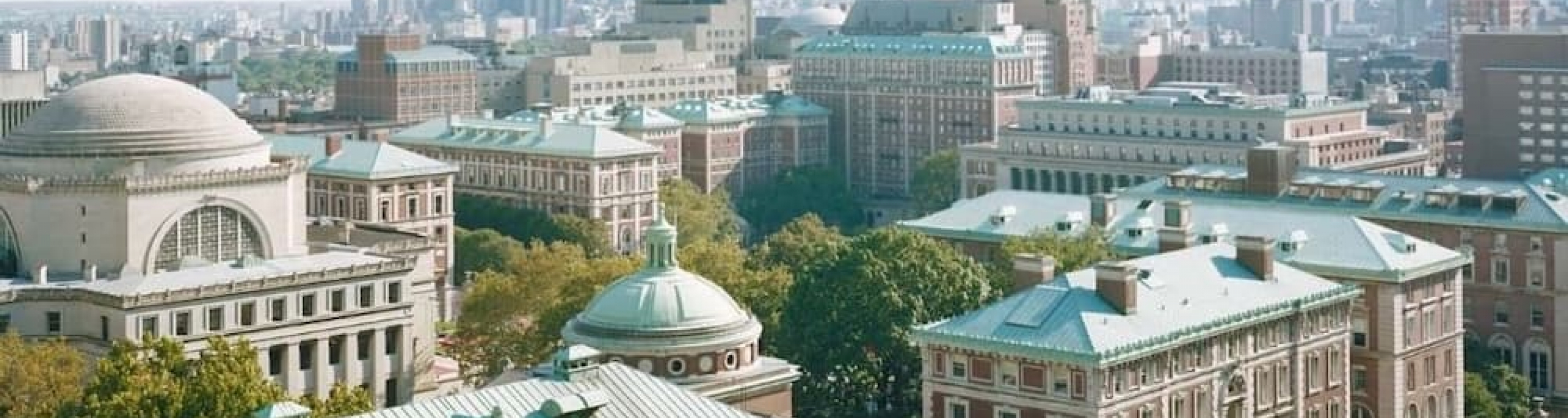 Overhead view of Columbia's campus and the blue/green tops of the buildings.