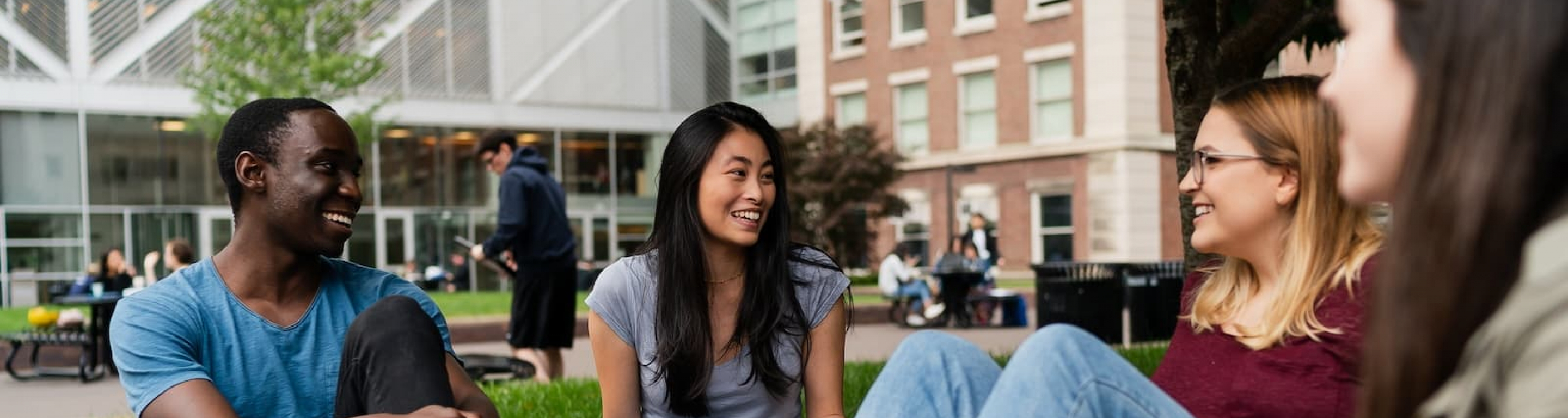 Columbia students hanging out outside of the Northwest Corner Building
