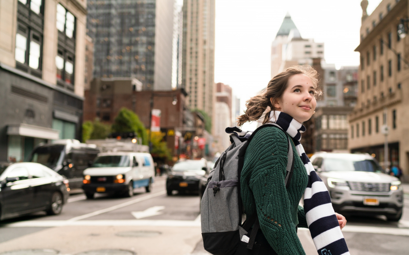 Student crossing a New York City street