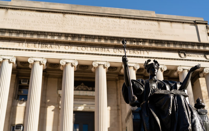 Alma Mater and the Low Memorial Library facade from below